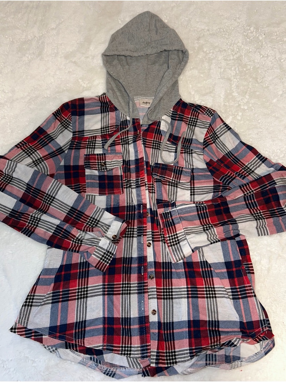 Daytrip Red Navy and Gray Plaid Hooded Button-Front Shirt
